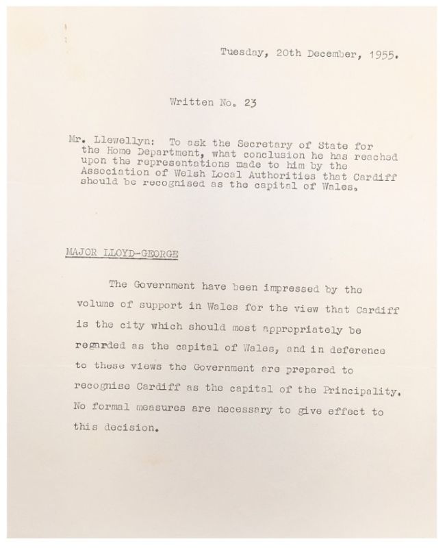 A page of typescript text, asking whether 'Cardiff should be recognised as the capital of Wales' 