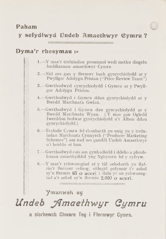 A printed page with the title 'Paham y sefydlwyd Undeb Amaethwyr Cymru?'