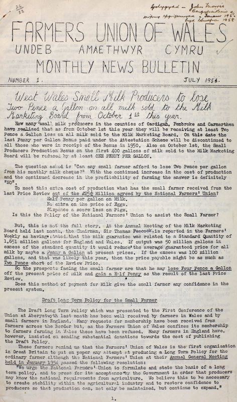 A copy of a newsletter with the title Farmer's Union of Wales Monthly News Bulletin'
