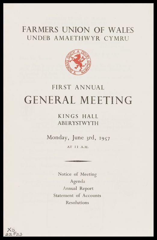 Announcement for the Farmer's Union of Wales First Annual General Meeting