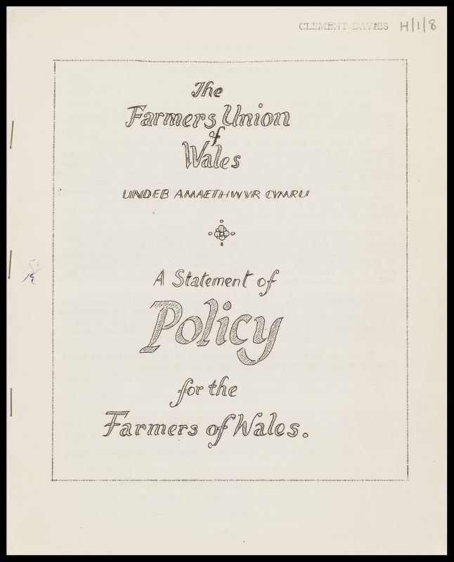 Cover page of a document titled 'A Statement of Policy for the Farmers of Wales'