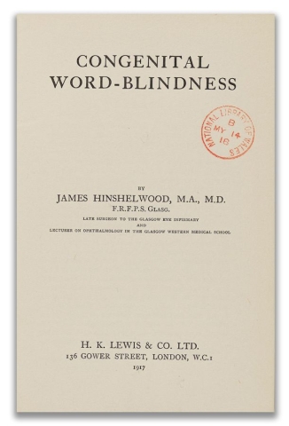 Title page of "Congenital word-blindness" by James Hinshelwood (London: H. K. Lewis, 1917) cc