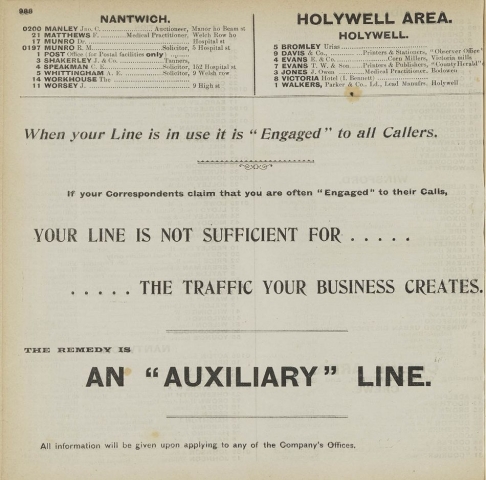 An advert for an auxiliary line from the telephone directory 