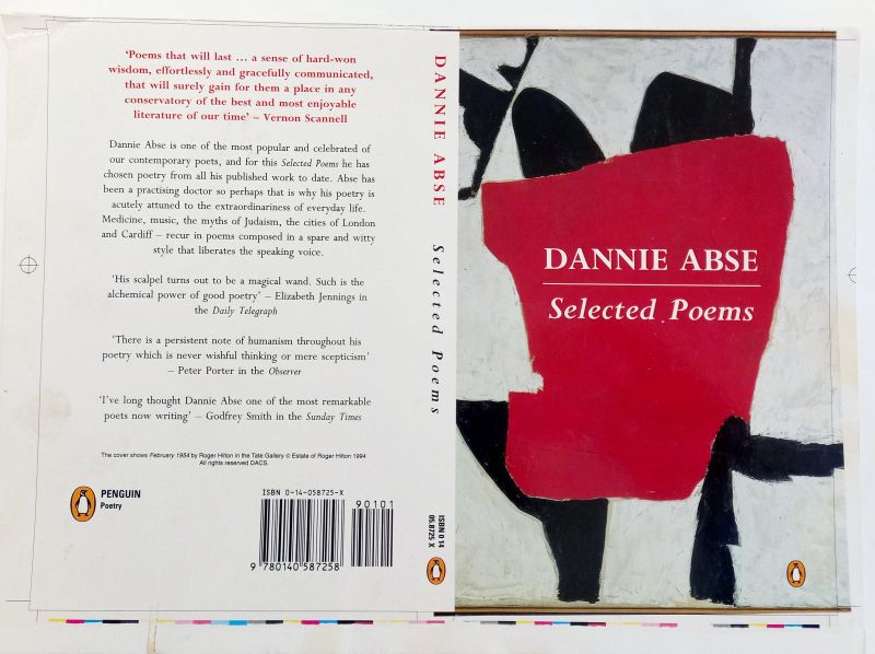 Cover proof for the book 'Selected Poems' by Dannie Abse, featuring an abstract image in red, black, and white