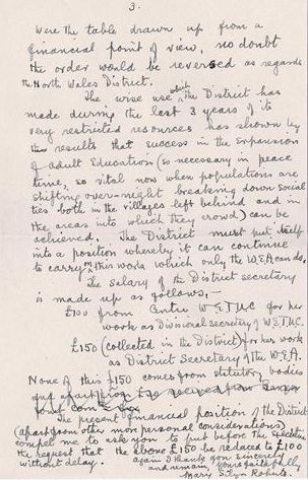 Mary Silyn Roberts' letter, page 3. At the end she suggests reducing her fee as Secretary. (ha)