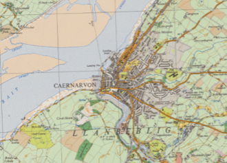 Caernarfon coloured with five different colours. Individual buildings are clear