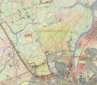 a printed map with elements added in coloured pencil