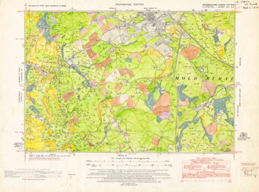 map sheet with fields coloured in pencil to denote different crops and uses