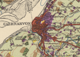 Caernarfon is mostly coloured red with some purple. Individual buildings are hard to identify