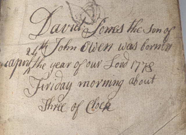 The birth of David Jones in 'Llythyrau rhwng Mr. Samuel Pike, a Mr. Robert Sandeman, mewn perthynas i'r Llythyrau ar Theron ac Aspasio' (1765) GJW 160 cc