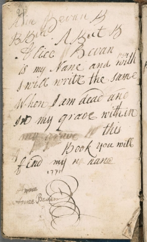 The signature and verse of Alice or Ann Bevan in 'Esponiad byr ar gatecism yr Eglwys' (1762) GJW 152 cc