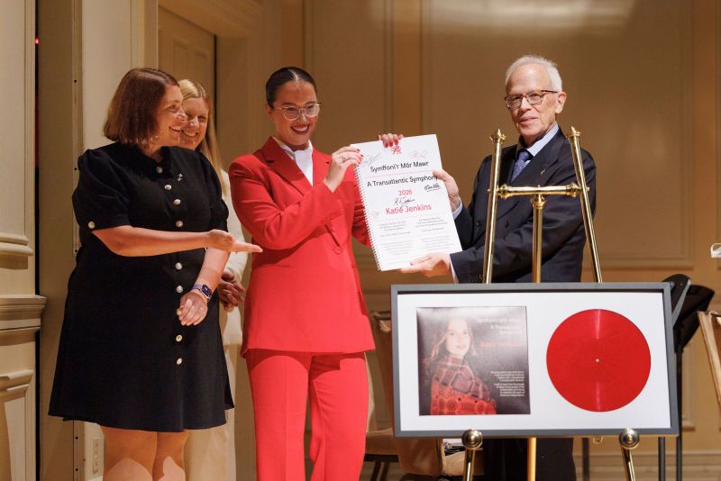 Heledd Fychan, Cabinet Minister for Culture and Sport of Wales, and composer Katie Jenkins donate Symffoni'r Môr Mawr - A Transatlantic Symphony to Acting Librarian of Congress Robert Newlen in celebration of America's semiquincentennial, September 1, 2026. Photo by Shawn Miller/Library of Congress. Note: Privacy and publicity rights for individuals depicted may apply.