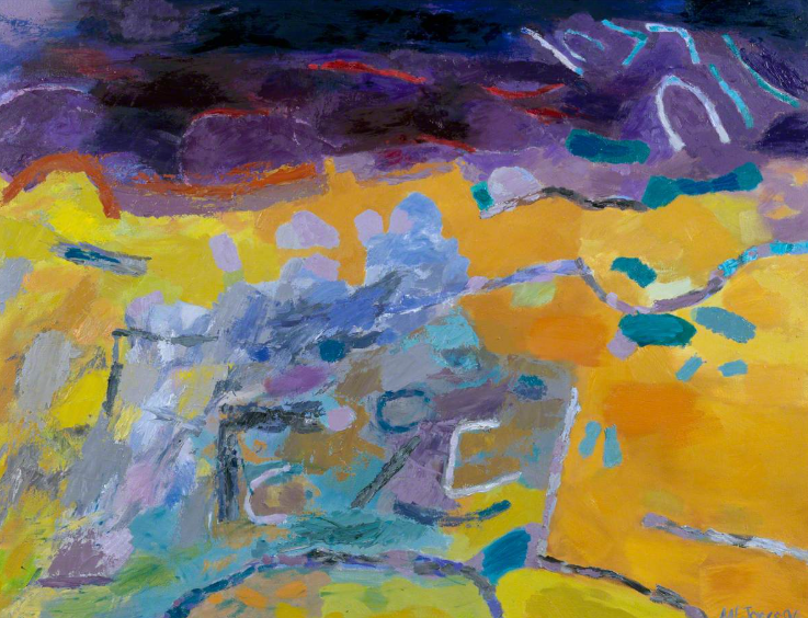 Dyffryn Nantlle Llais Nantlle by Mary Lloyd Jones. A bright abstract landscape with blues, purples and yellows
