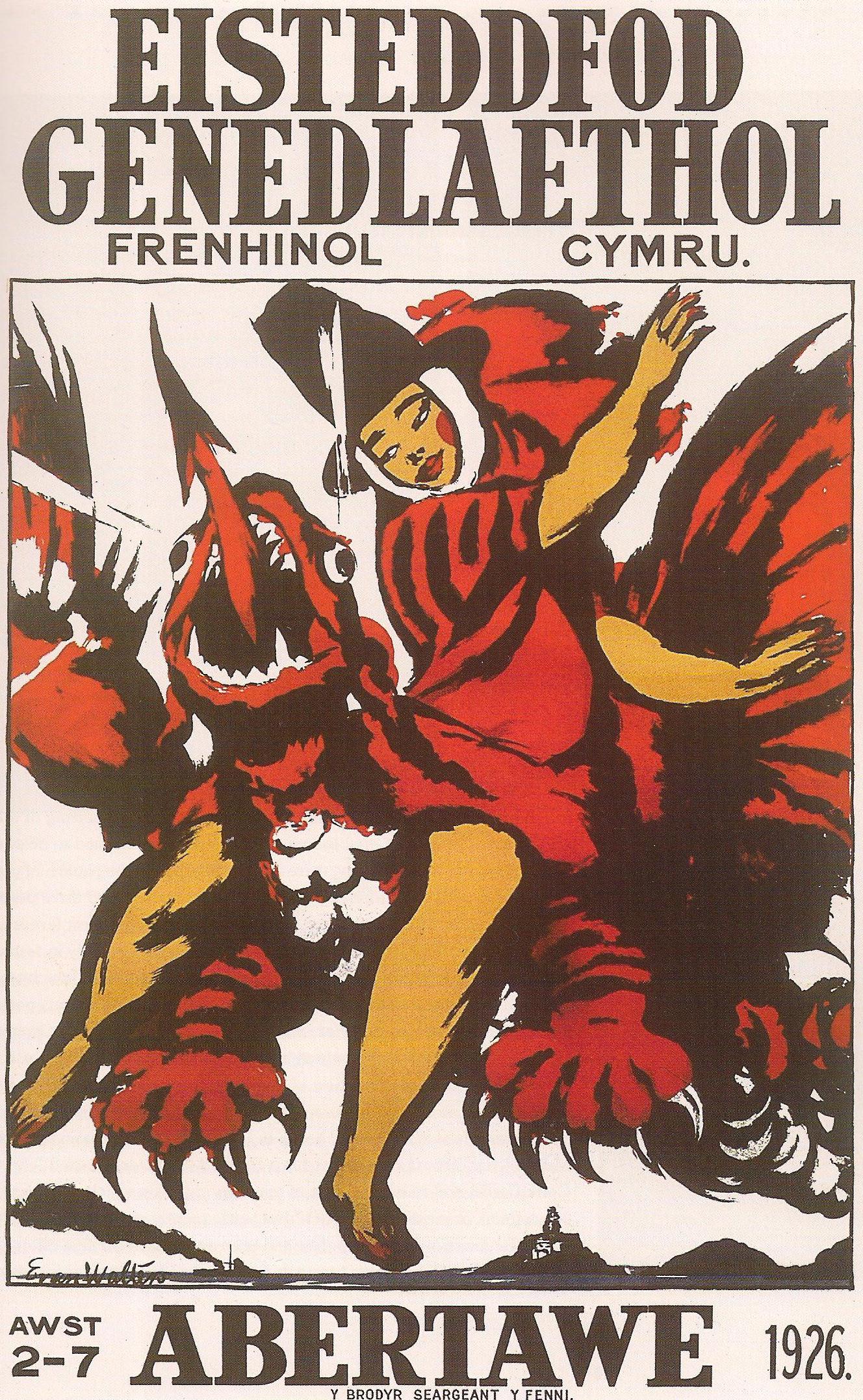 Eisteddfod Genedlaethol Frenhinol Cymru, Awst 2-7 Abertawe 1926. A woman in a red dress and black hat sits astride a red dragon with its tongue out